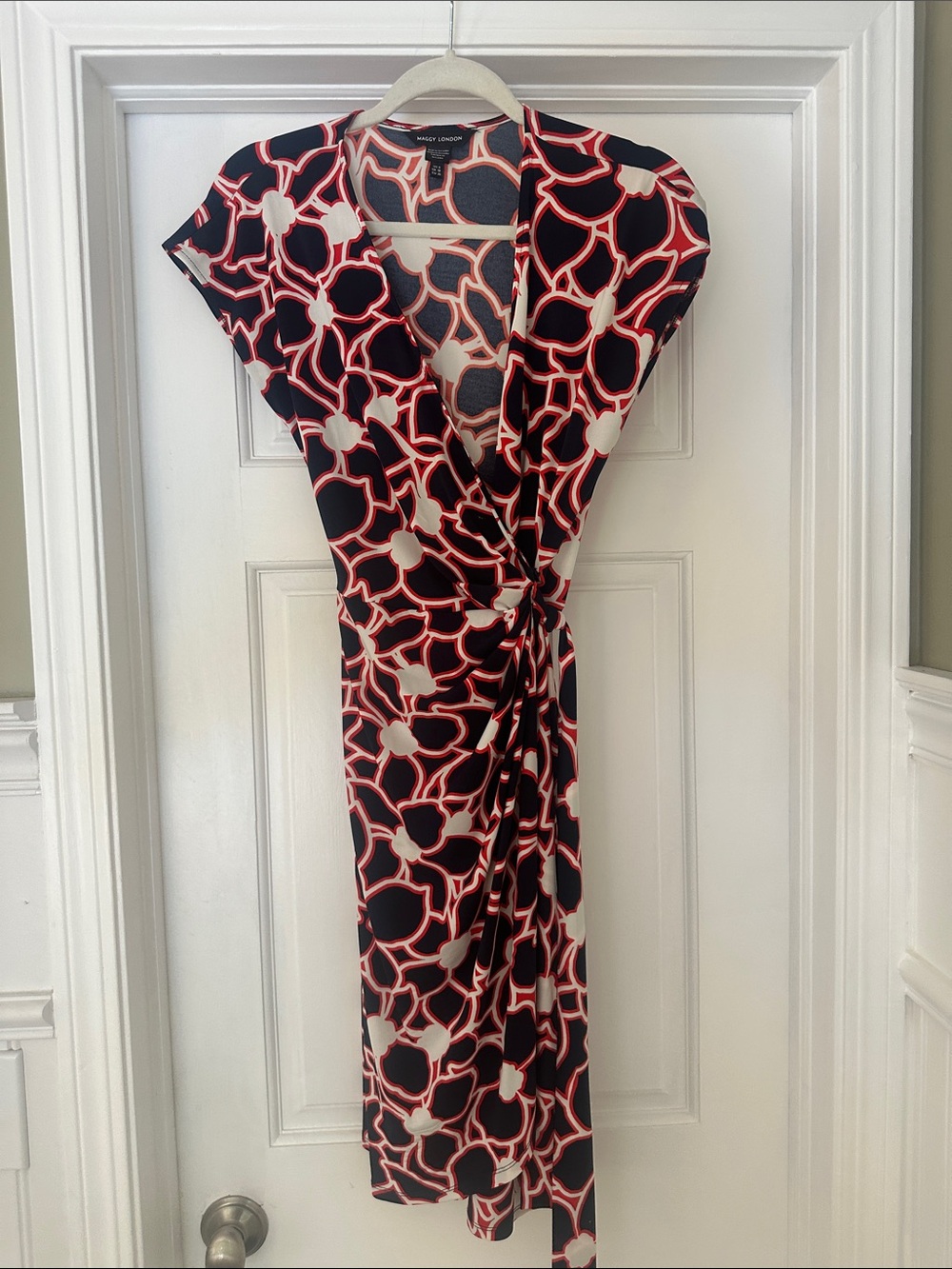 Maggy London Navy, White & Red Abstract Floral Midi Wrap Dress